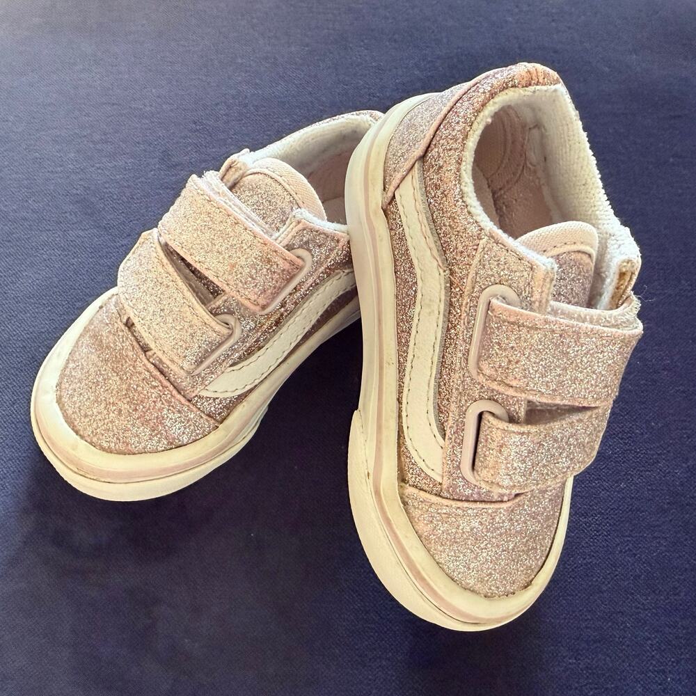 Vans Toddler Old Skool V Glitter Sneakers - Rose Gold Pink Size 4 - Picture 4 of 10